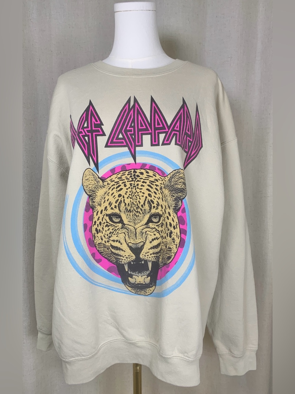 Def Leppard Graphic Crewneck Sweatshirt - Cream with Neon Leopard Print